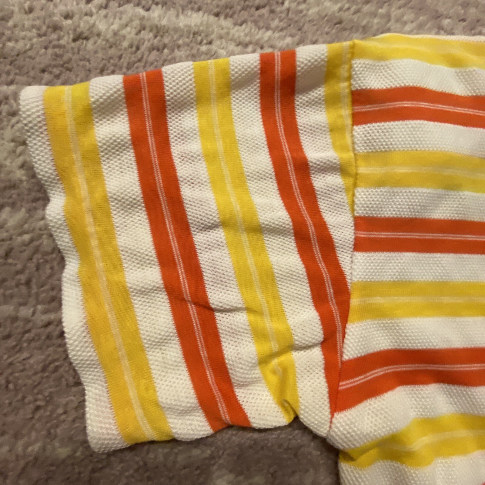 VTG Cristin Stevens Weave Netting Shirt Orange Yellow Shoulder Pads Stripe L EUC