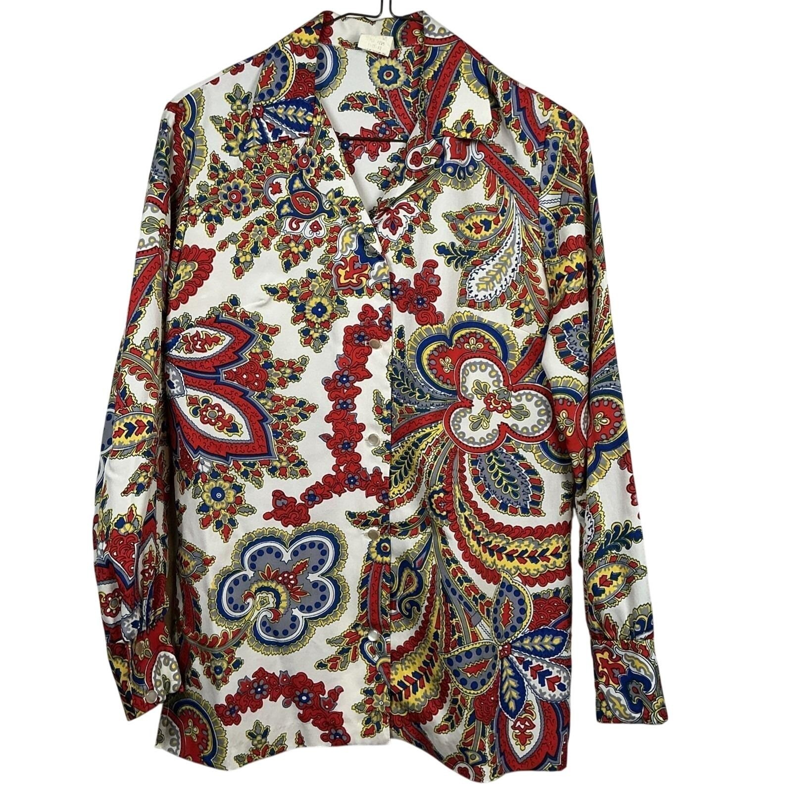 Vintage Gammon Paisley Button Down Blouse Red Blue Yellow Size 12 Long Sleeve
