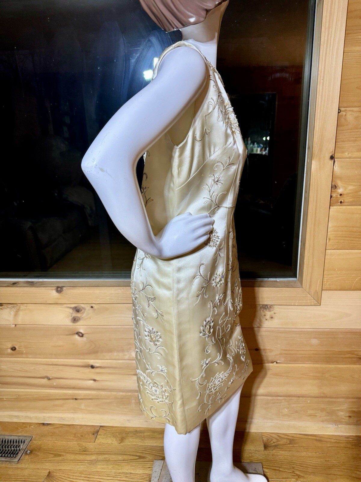 1950’s, 1960’s BEADED EVENING Dress Vintage, Champagne Satin, Gold Beading.!