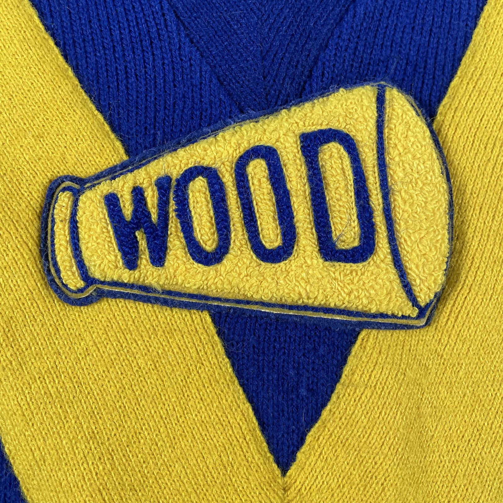 Vintage Cheerleader Sweater Women Small Blue Yellow V Neck Knit 60s 70s Made USA