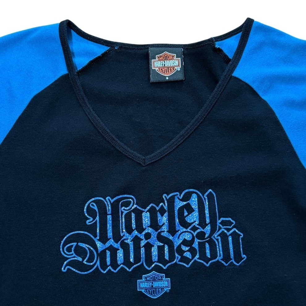 Vintage Y2K Harley Davidson Sturgis Dakota Biker Raglan V-Neck Glitter T-shirt