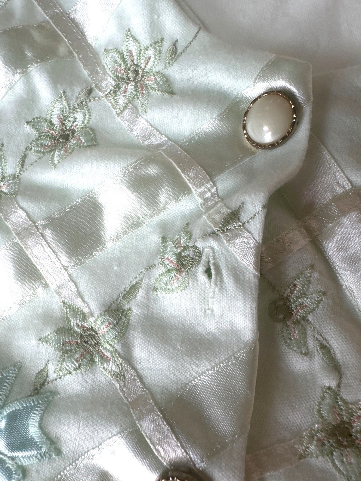Vintage MM High Fashion Mint Green Nightgown W/Satin Floral Yoke/Pearl Buttons L