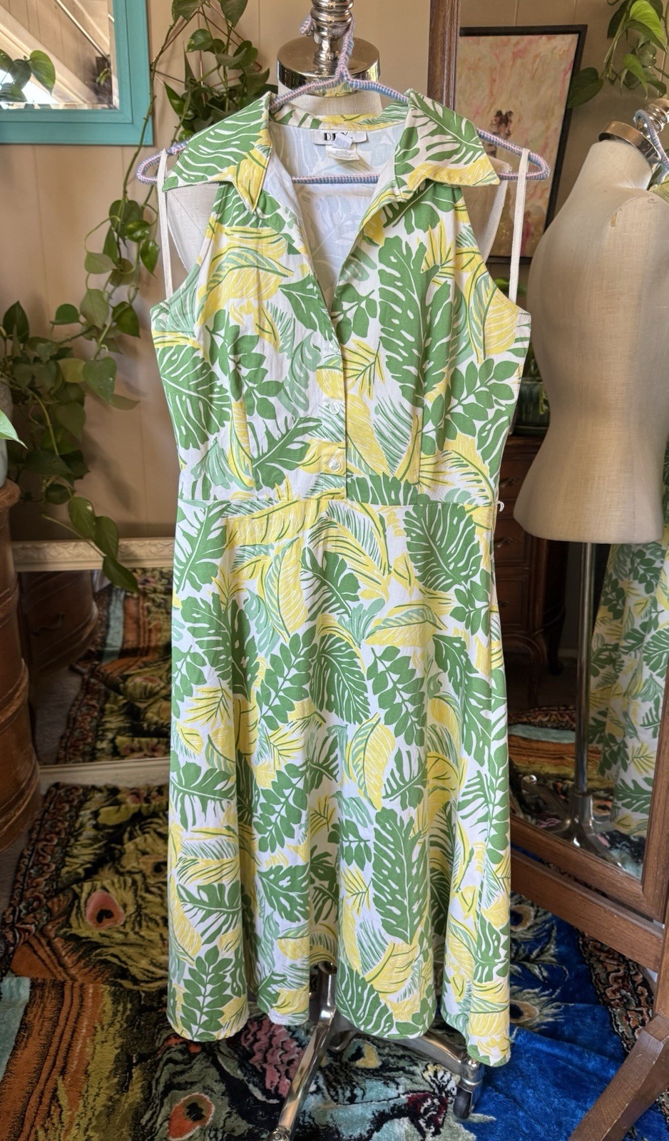 Vintage 1990s Women’s DBY Yellow & Green Leaves Fit & Flare Dress Size 7/8