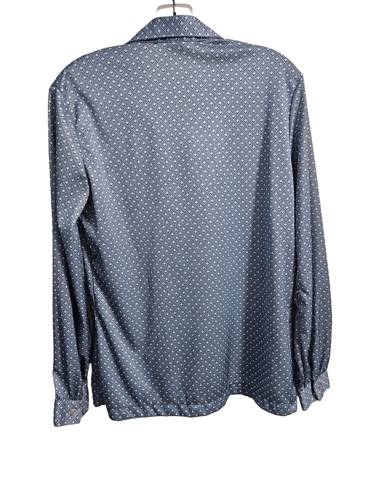 VTG 70s Sears Medium Geek Secretary Button Up Blouse Blue Geometric Print