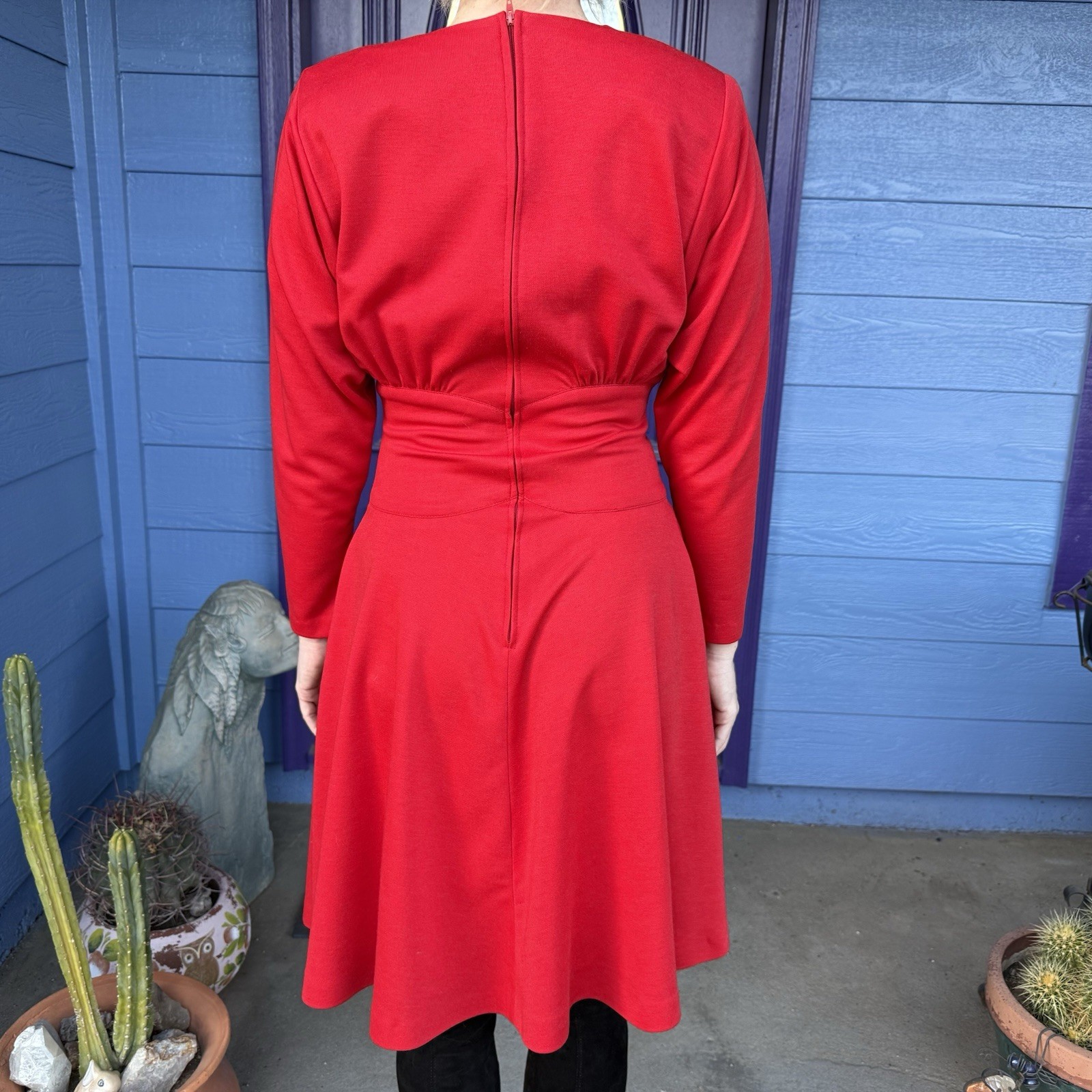 Red Studio E vintage 80s 90s Midi dress long sleeves Size Small Holiday Party