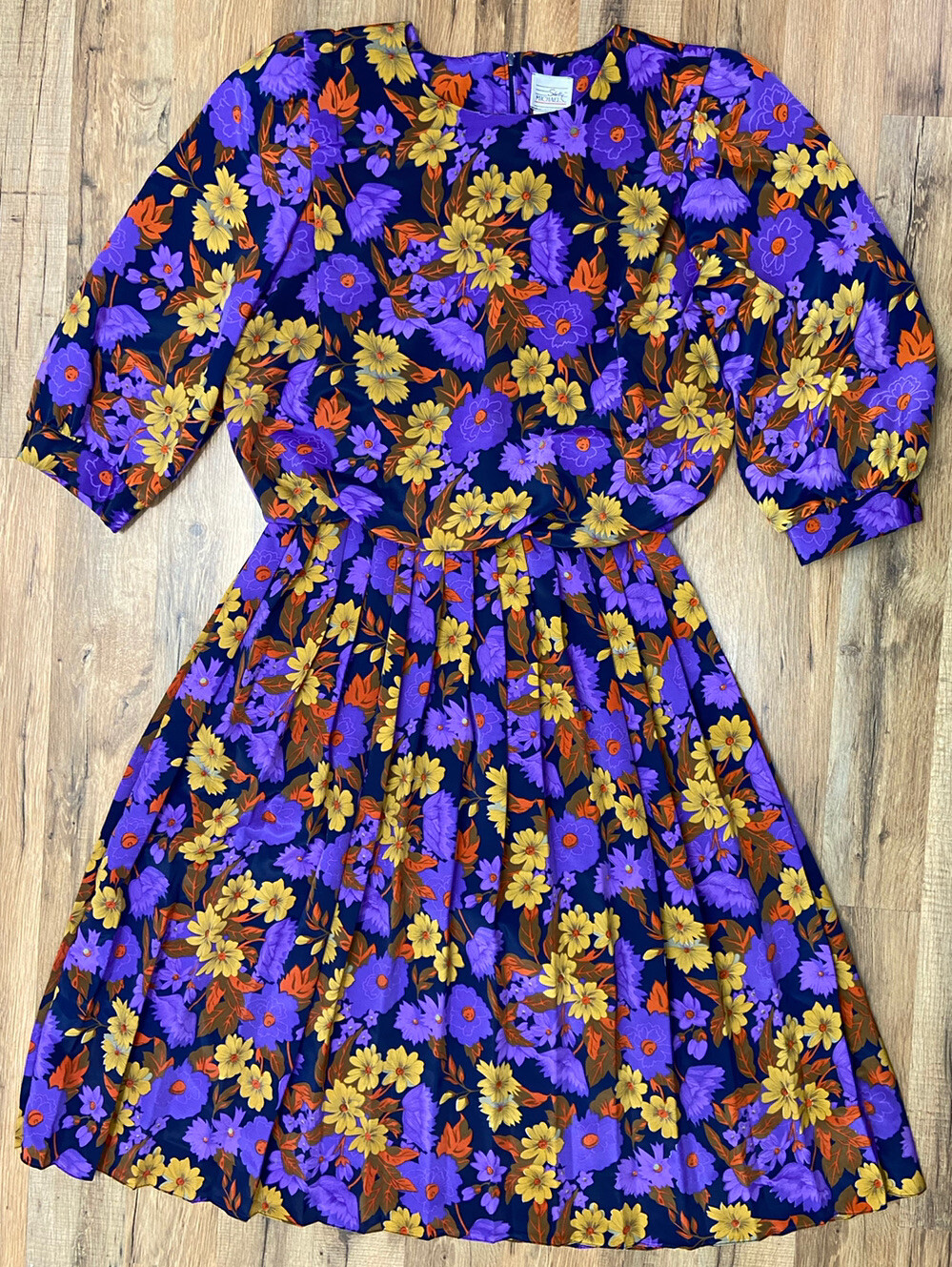Vintage Shelly Michaels Purple Yellow Floral Pleated Blouson Dress Women’s 15/16