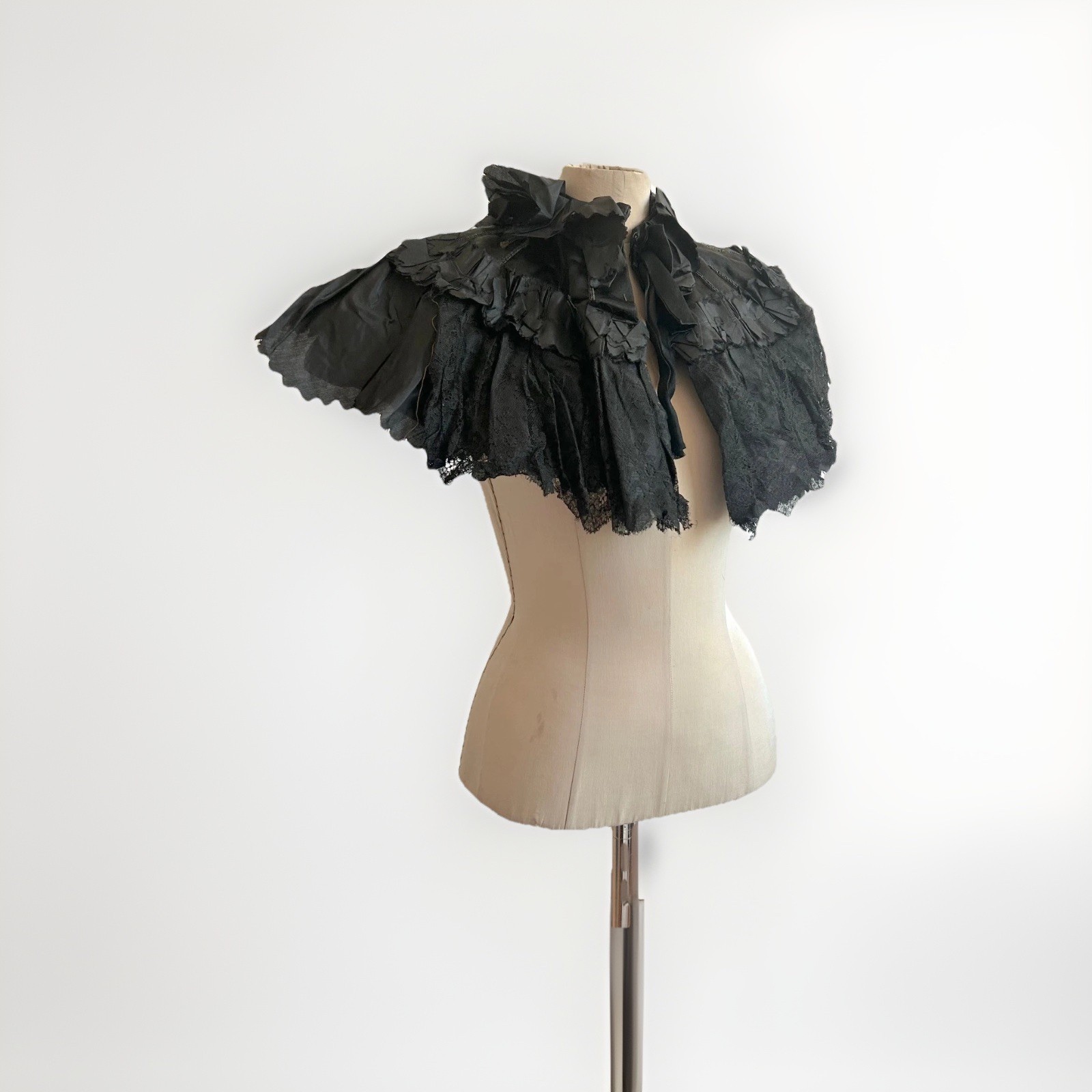 Antique Edwardian Victorian Black Mourning Capelet Silk Lace 1800s 1900s