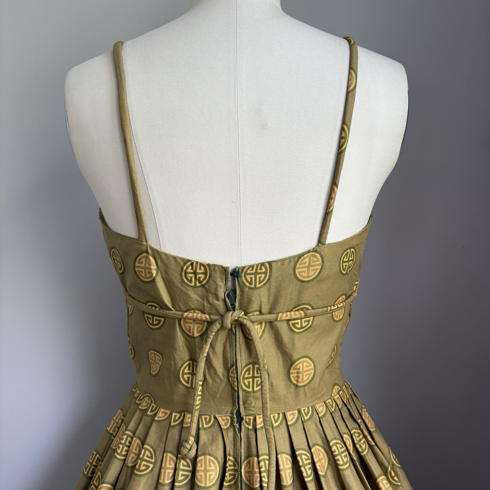 Vintage 1950’s Cotton Chinese Good Fortune Longevity Print Sun Dress Size XS