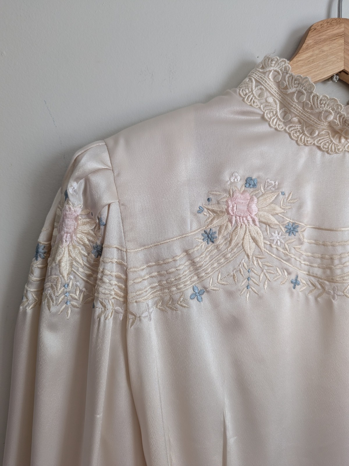Vintage 1980s Satin Blouse Victorian Cottage Embroidered Lace High Neck Feminine