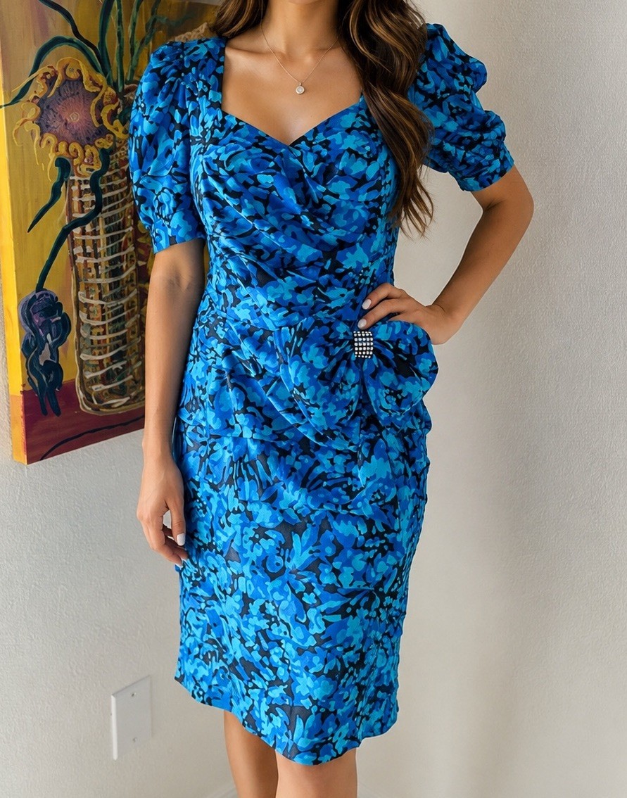 A.J. Bari Blue Floral Print Tiered Dress Bow 80s Vtg Sz 12 See Measurements