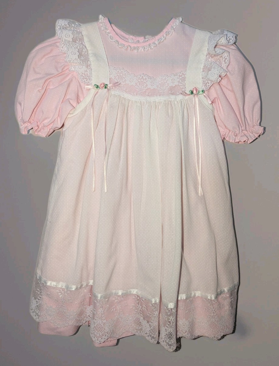 Vintage Bryan & Co. Dress Made In USA SIZE 5 Pink & White Lace Trim Stunning