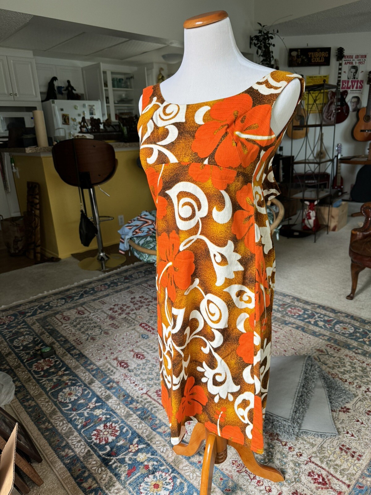 ❤️ Vintage 50s 60s 70s Orange Hawaii Barkcloth Tiki Oasis VLV Mini Dress XXS XS
