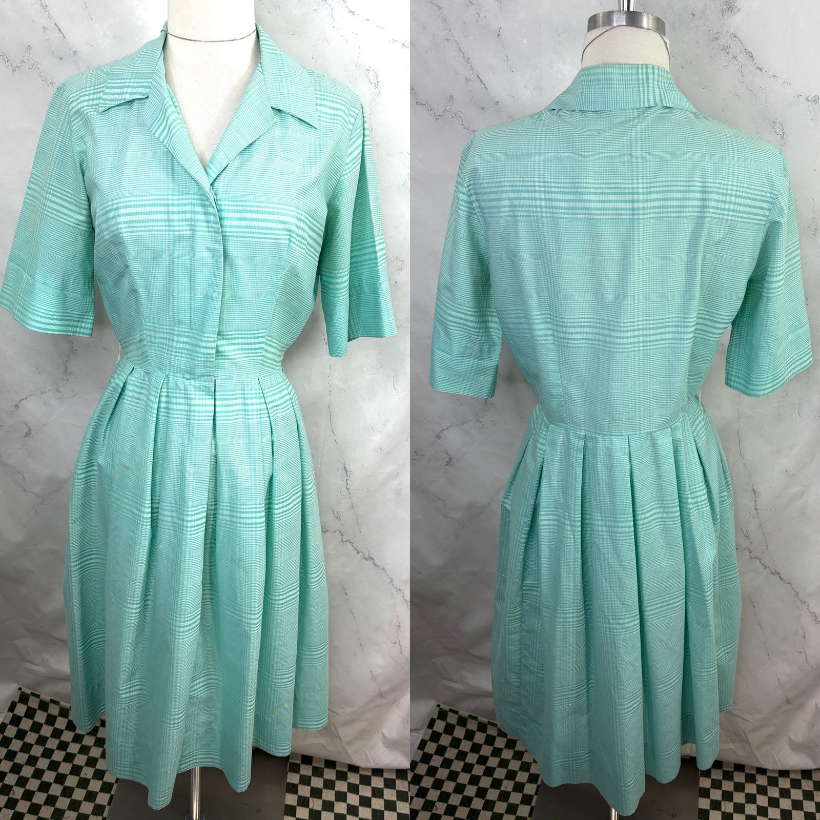 Vintage 1950s Day Dress S Plaid Collar CableGirls Union USA MCM Betty Draper 50s