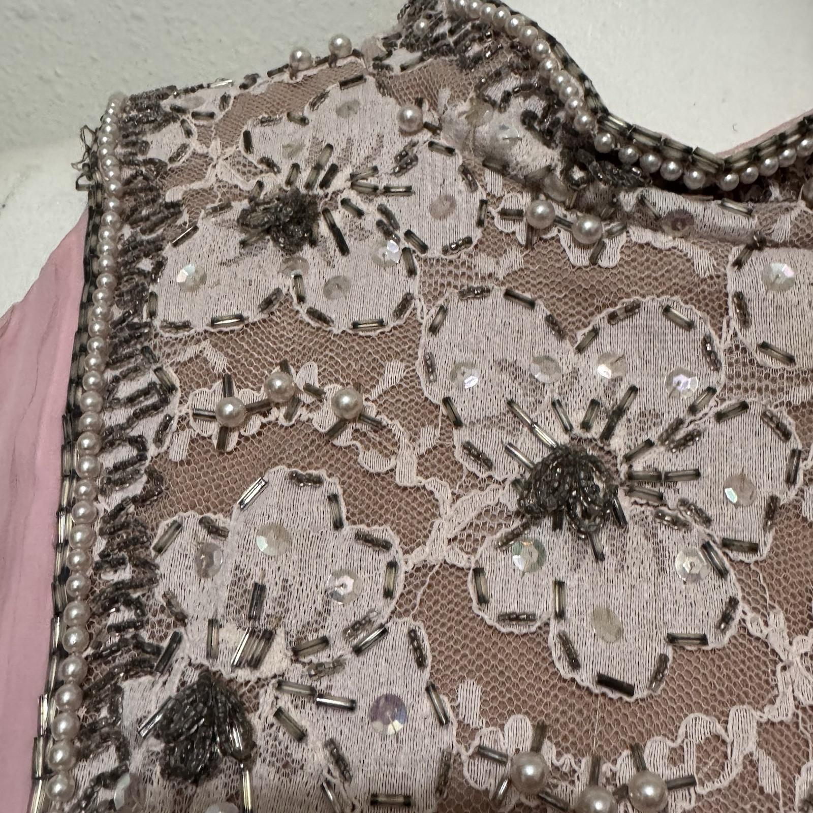 Vintage 60s Jack Bryan beaded chiffon dress size 10 (small) pink accordian pleat