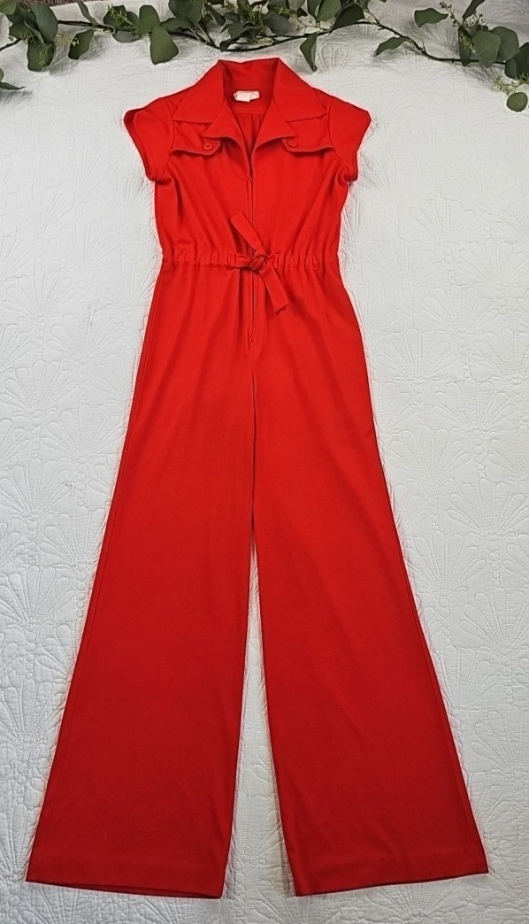 VTG 70’s PBJ Orange Coral Short Sleeve Jumpsuit VTG Size 9 Small