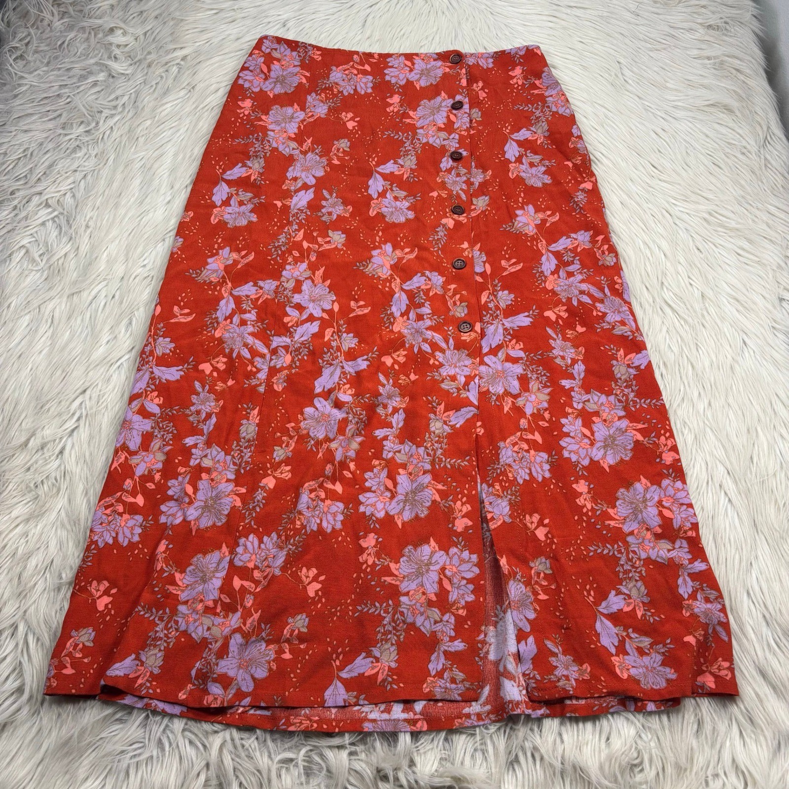 Free People Women’s 8 Retro Love Midi Skirt Button Front Red Orange Floral Boho