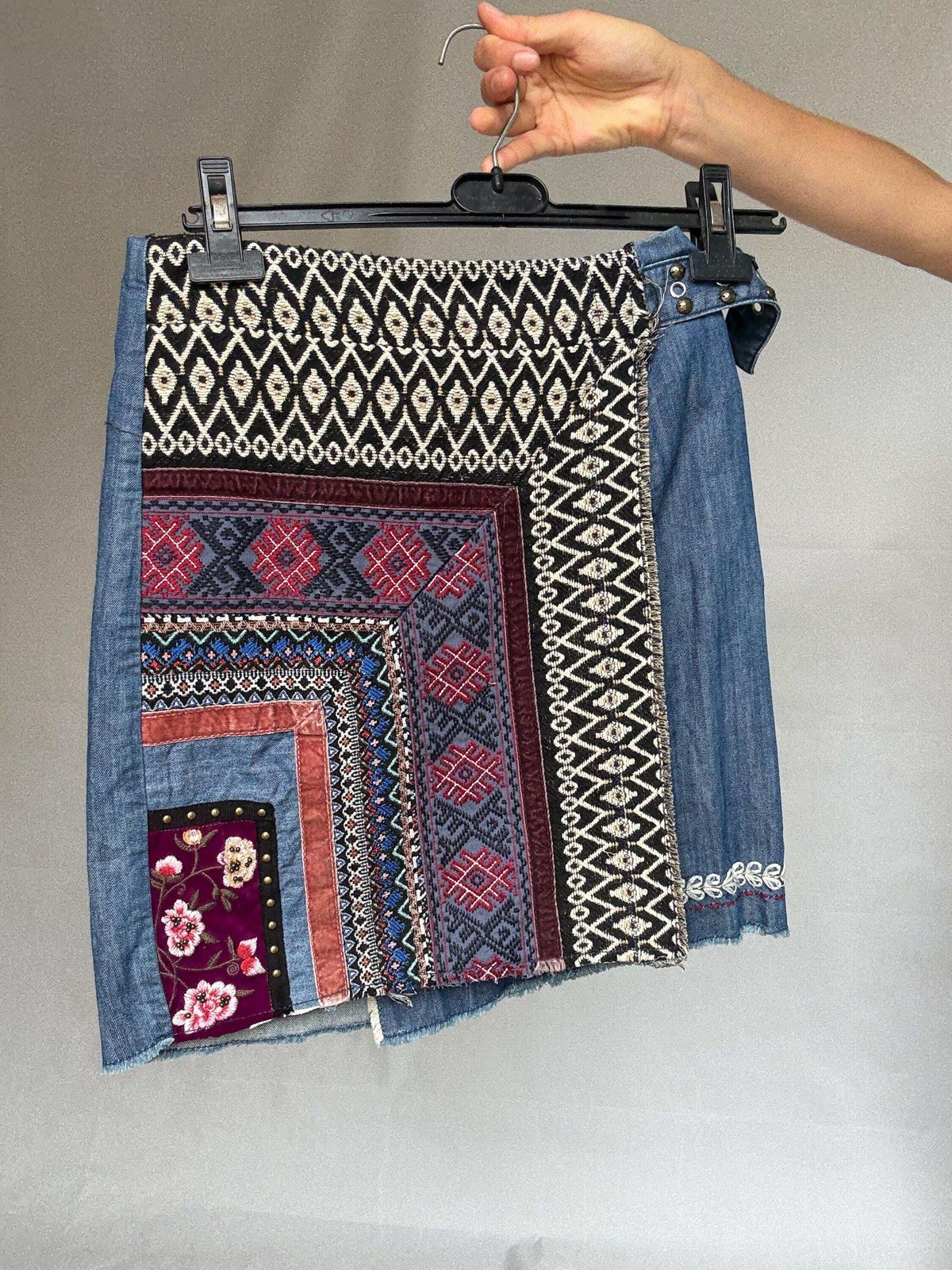 Desigual blue denim wrap skirt with asymmetrical lines and embroidery details, b