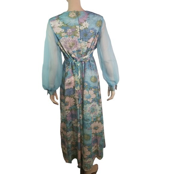 Vtg 70s floral lurex metallic sheer sleeve chiffon hostess formal maxi dress