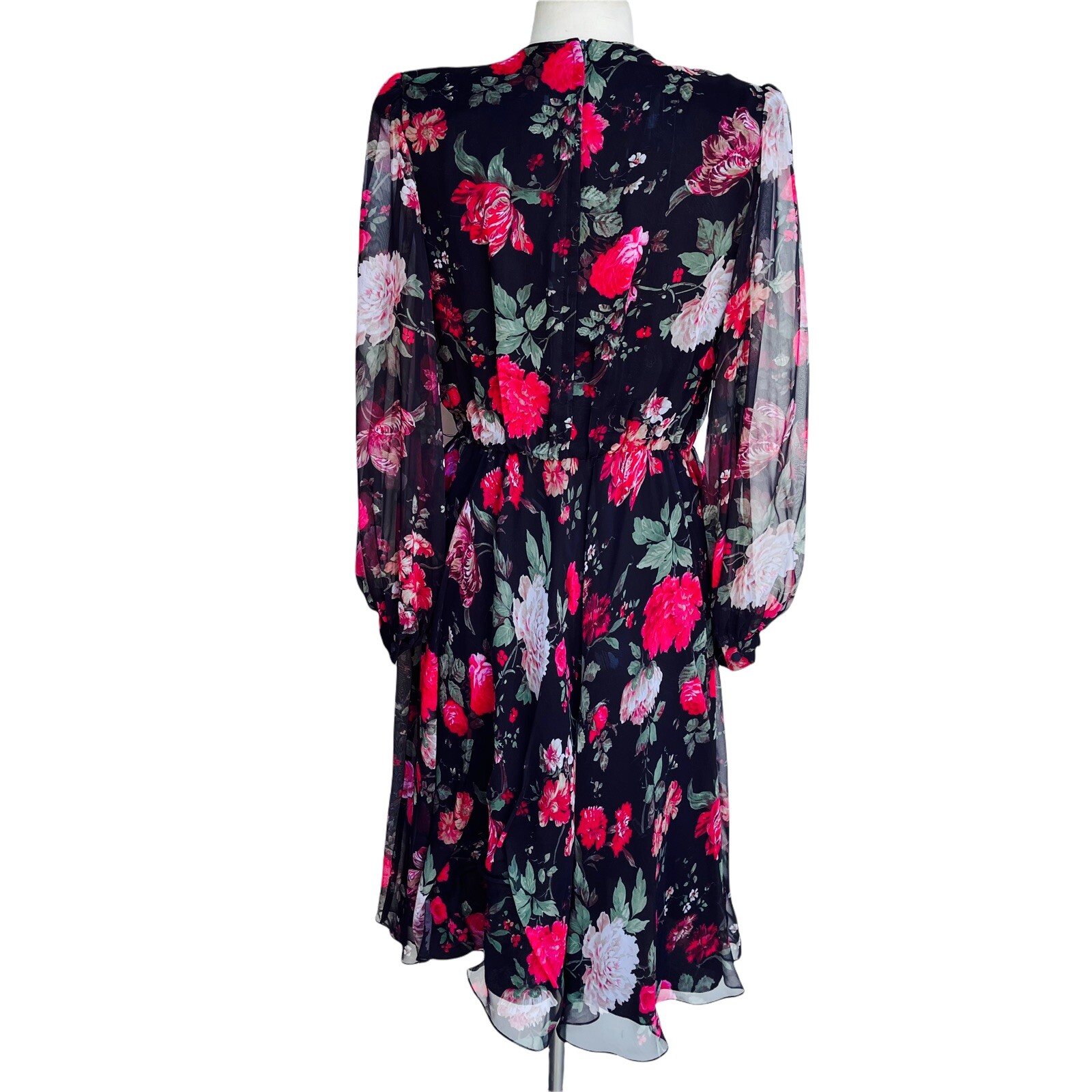 Vtg WILLI OF CALIFORNIA Rose Floral Sheer Midi Dress Size 12 Black Elastic Waist