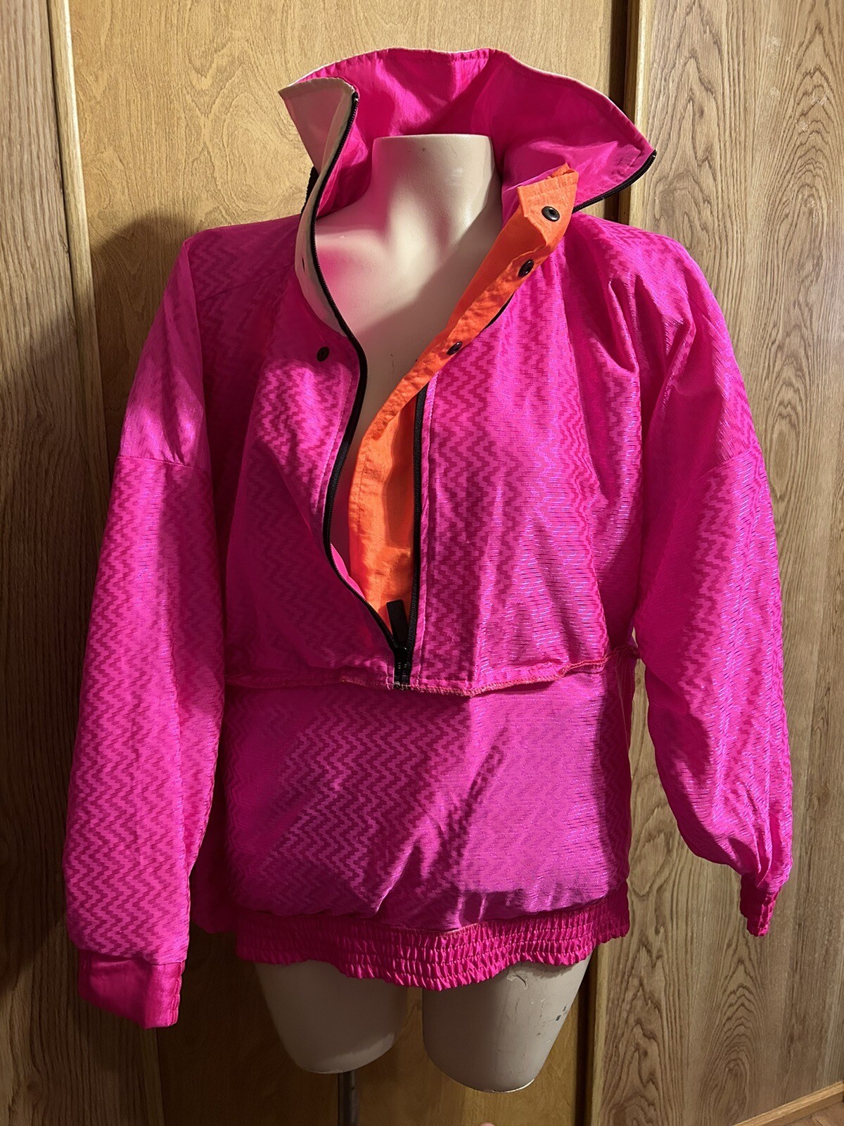 Y2k Neon Pink Jacket Colorblock Windbreaker Pullover L Sunbuster Ski Nylon 1980s