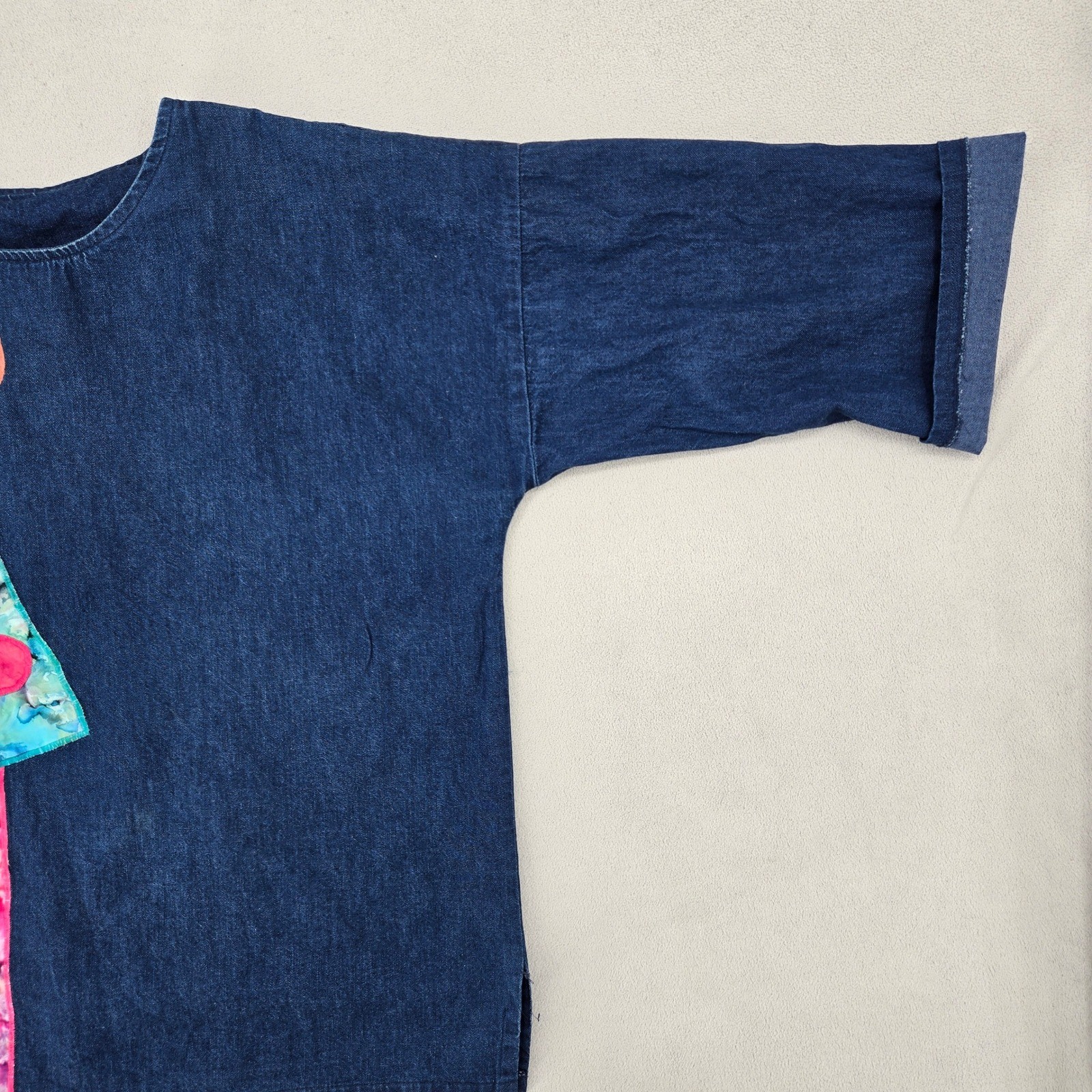 Vintage Womens Denim Pullover Top Wearable Art Batik Tie Dye Applique Boxy Fit