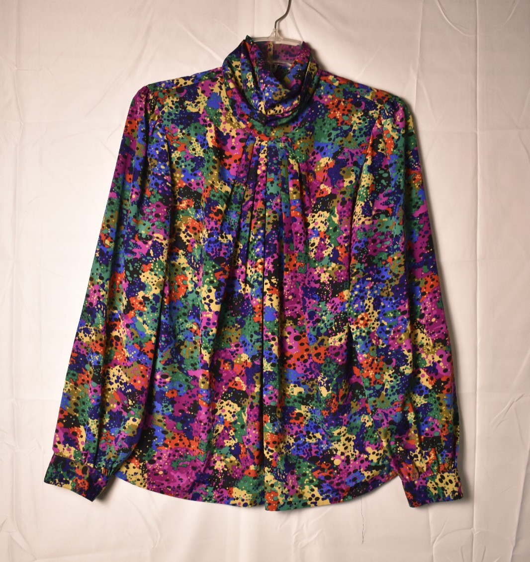 Vintage Nicola Size 8 Blouse Abstract Paint Splatter Jewel Tone Mock Neck USA