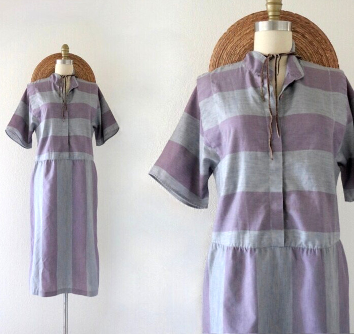 Vintage 80s Shirt dress Purple Gray striped Short Sleeve Cotton Blend Sz M