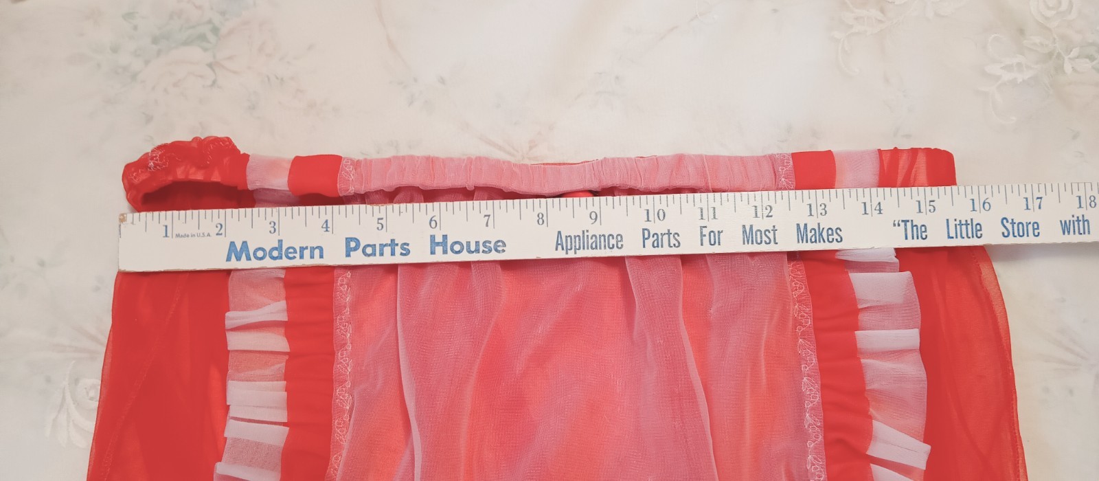 IRISH ROSE CUSTOM NYLON PANTY sz XL RED ANGEL SHEER w-WHITE RUFFLE -ROSES #AU609