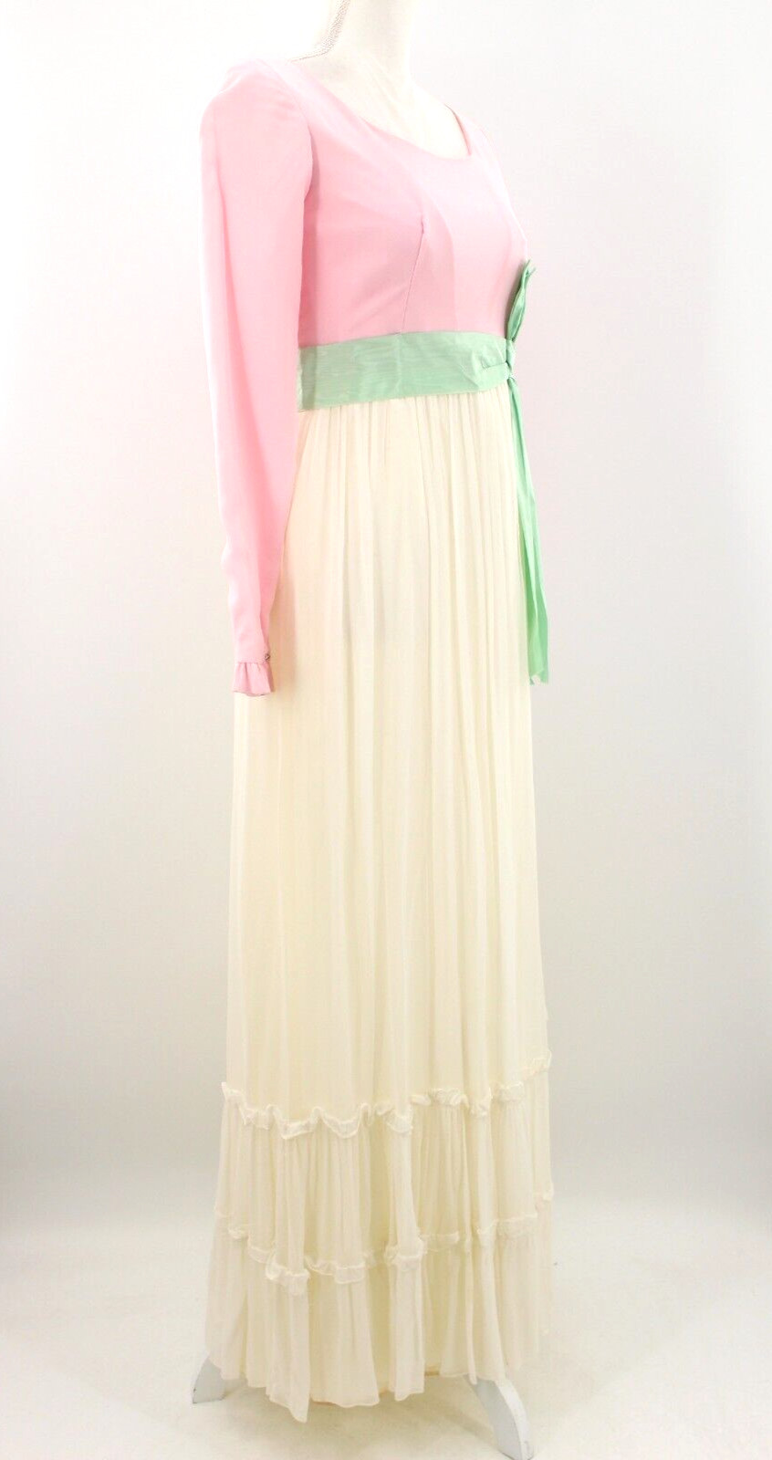 Vtg Women’s 60s Pink & Cream Maxi Dress W/ Green Ribbon Belt 1960s Sz S/M