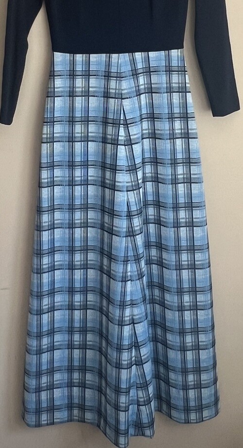 Vintage Maxi Dress Mod Plaid Poly Knit High Collar 8 10 Medium 60s 70s