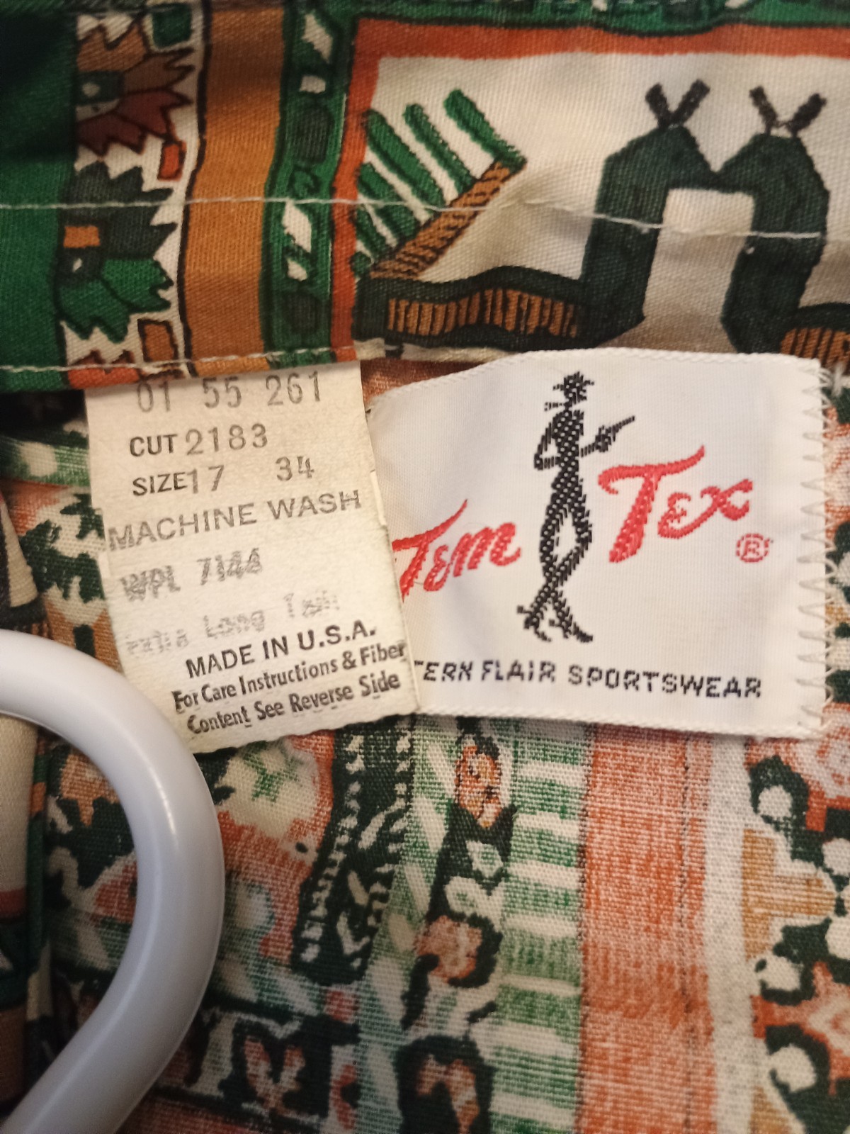 Vintage Tem Tex Pearl Snap Western Shirt 17 x 34 Made In USA Cotton/Rayon