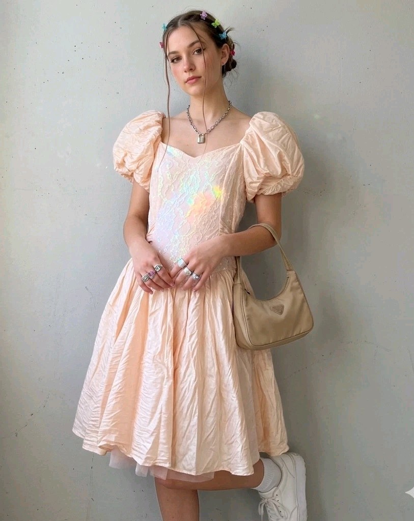 Vtg 80s Mayvens of California Iridescent Peach Pink Lace Puff Sleeve Prom Dress