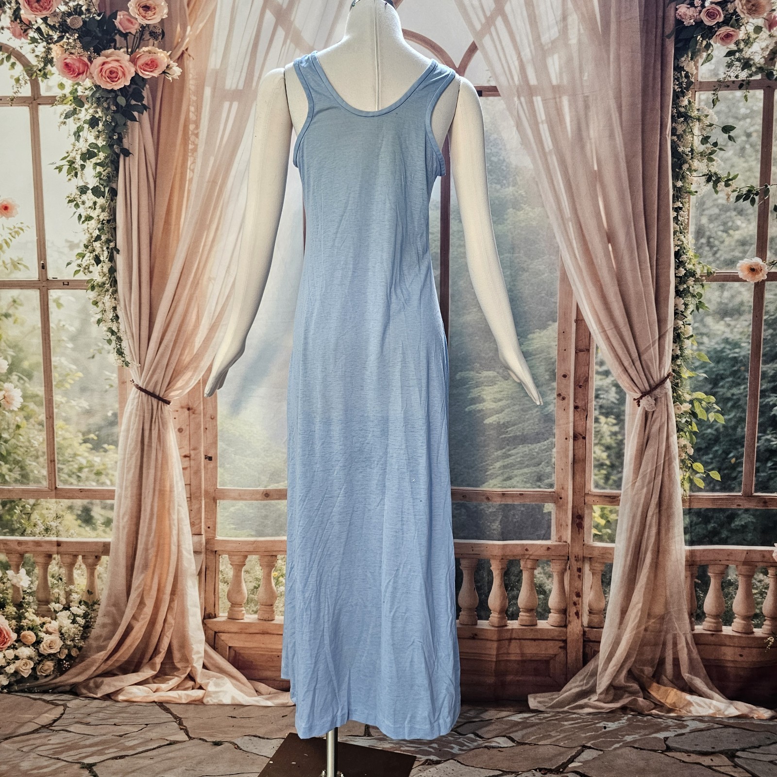 Vintage 1970s Dress Maxi Floor Length Baby Blue Floral Bee Patch Sleeveless Tank