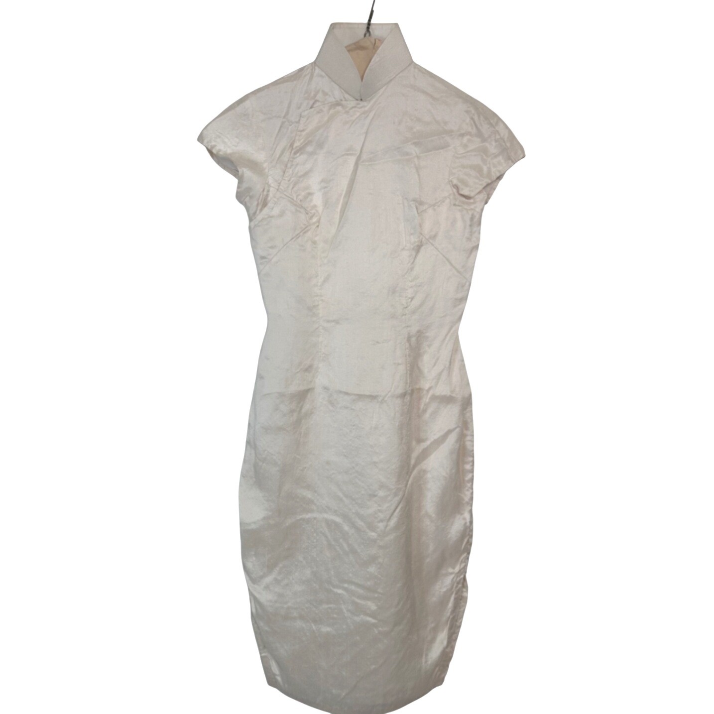 Cream Silk Cheongsam Qipao Dress Mandarin Collar Cap Sleeve Midi Women’s S