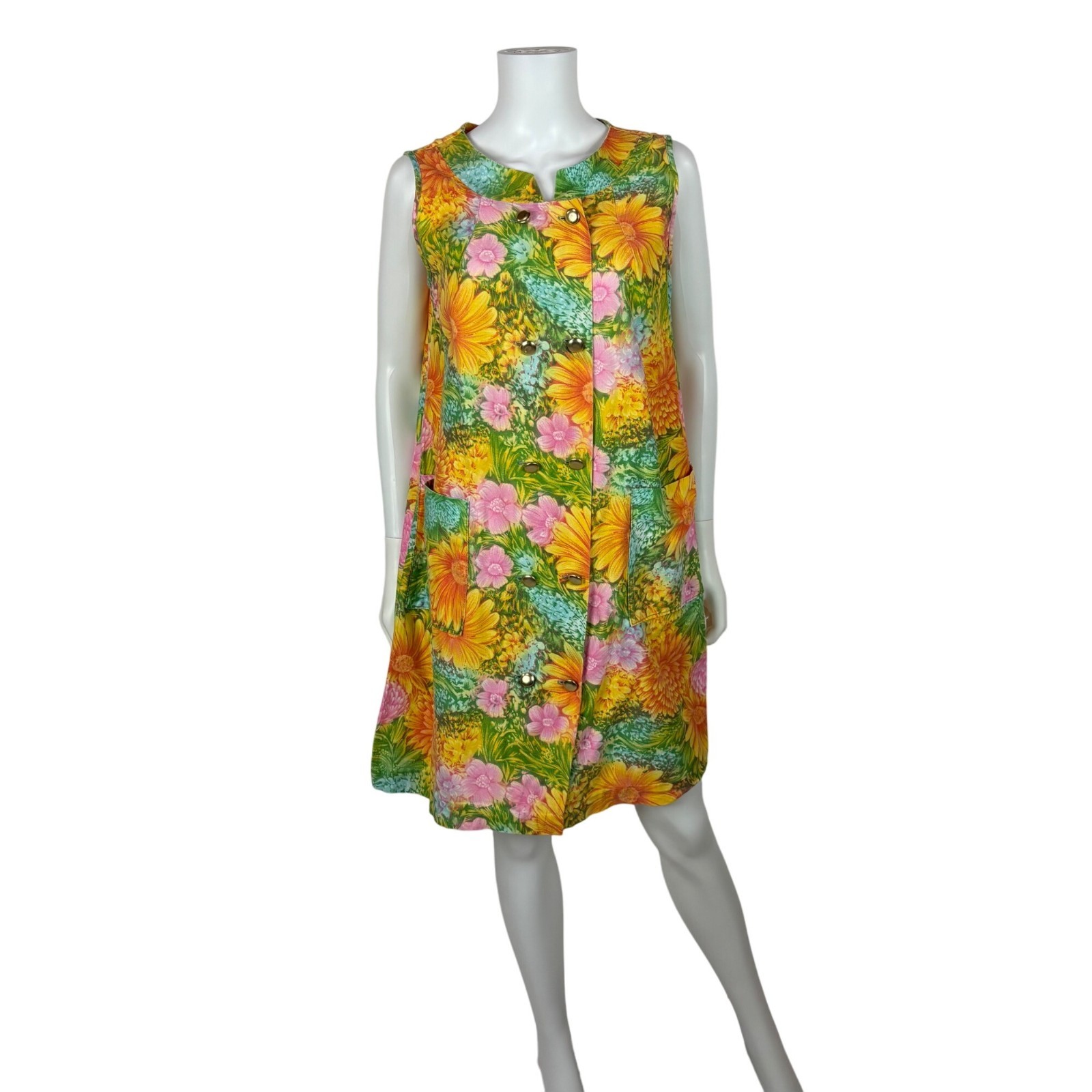 Vintage 60s Floral Shift M Colorful Print Button Down Maximalist House Dress