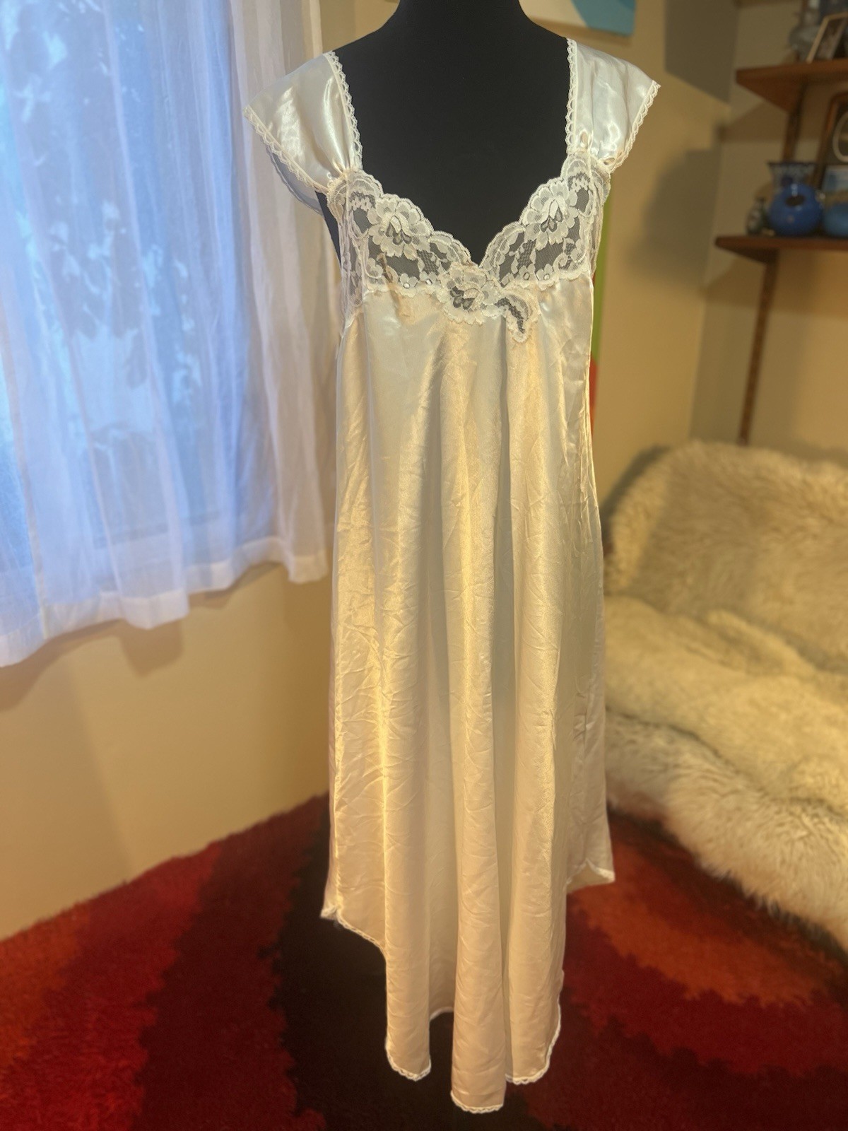 Vtg Farr West Style Faye Shiny Satin Nightgown Maxi Dress Medium White USA Made