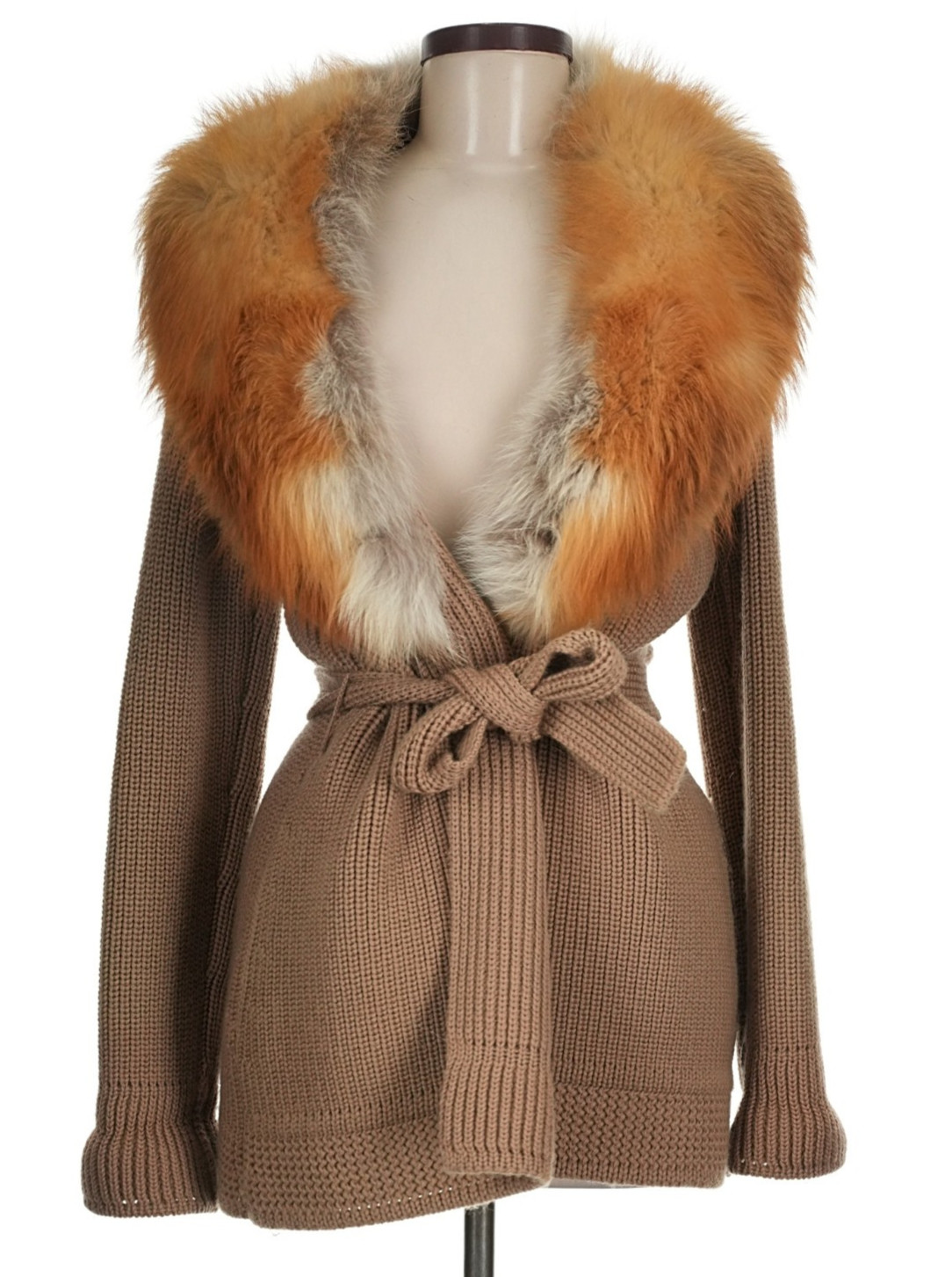 Vintage Murra Furs Collar Ruff Camel Colored Belted Open Front Cardigan Jacket S