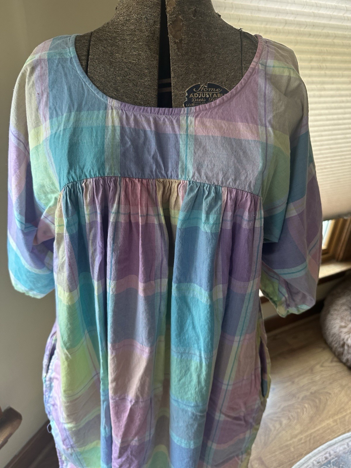 Vintage Cotton Pastel Plaid Cottage Core House Dress, Small
