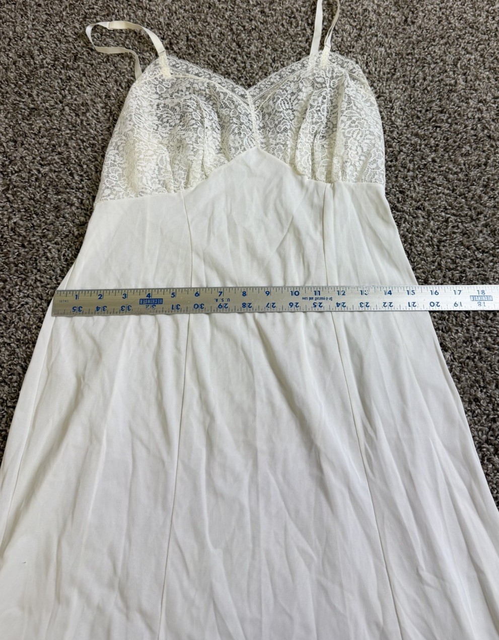 VTG Ivory Lace Slip Dress Size 36 Pleated Ruffle Hem Nylon Bridal Midi Made USA