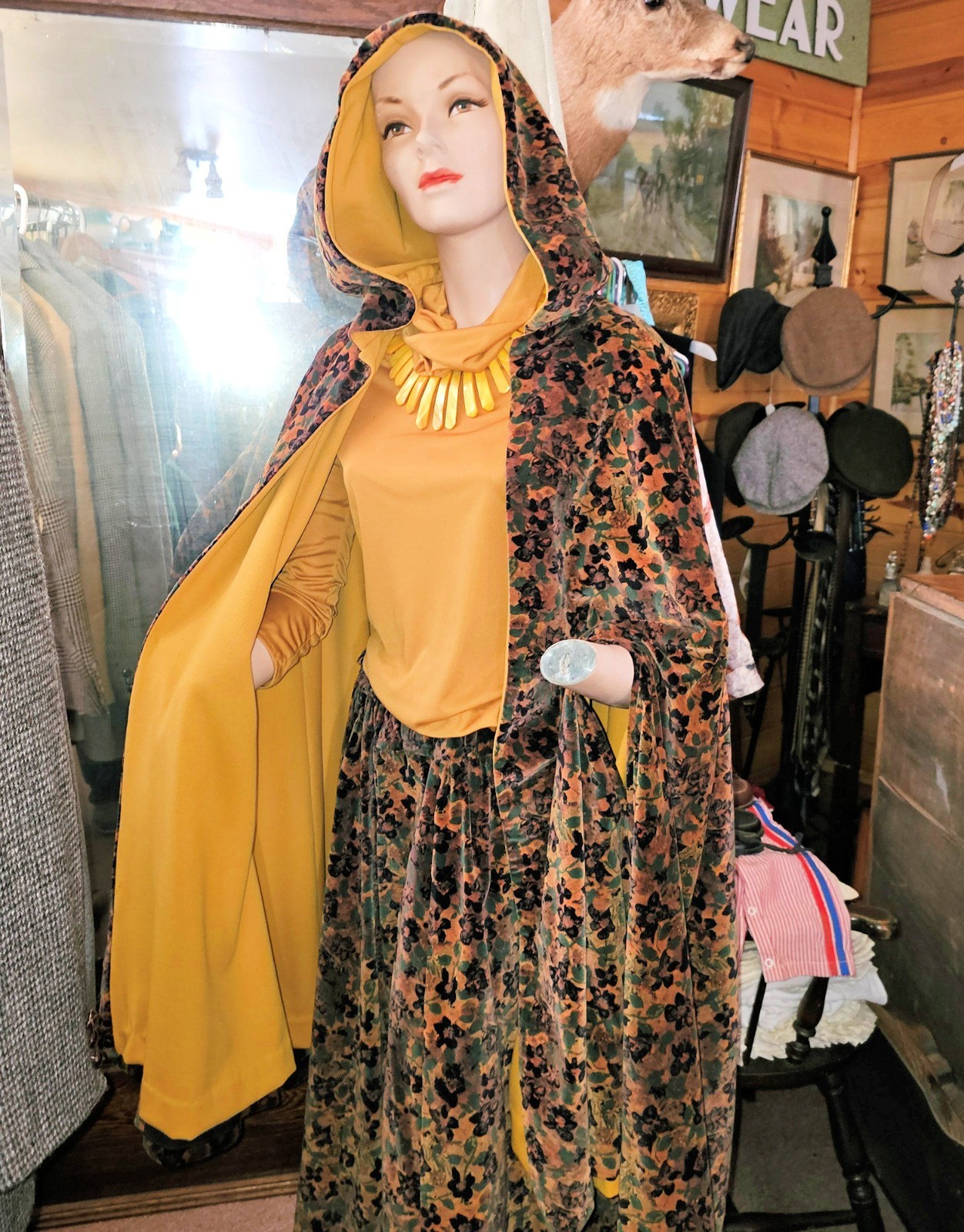 Velvet Vintage Autumn Patterned Handmade Skirt and Hooded Cape Ensemble