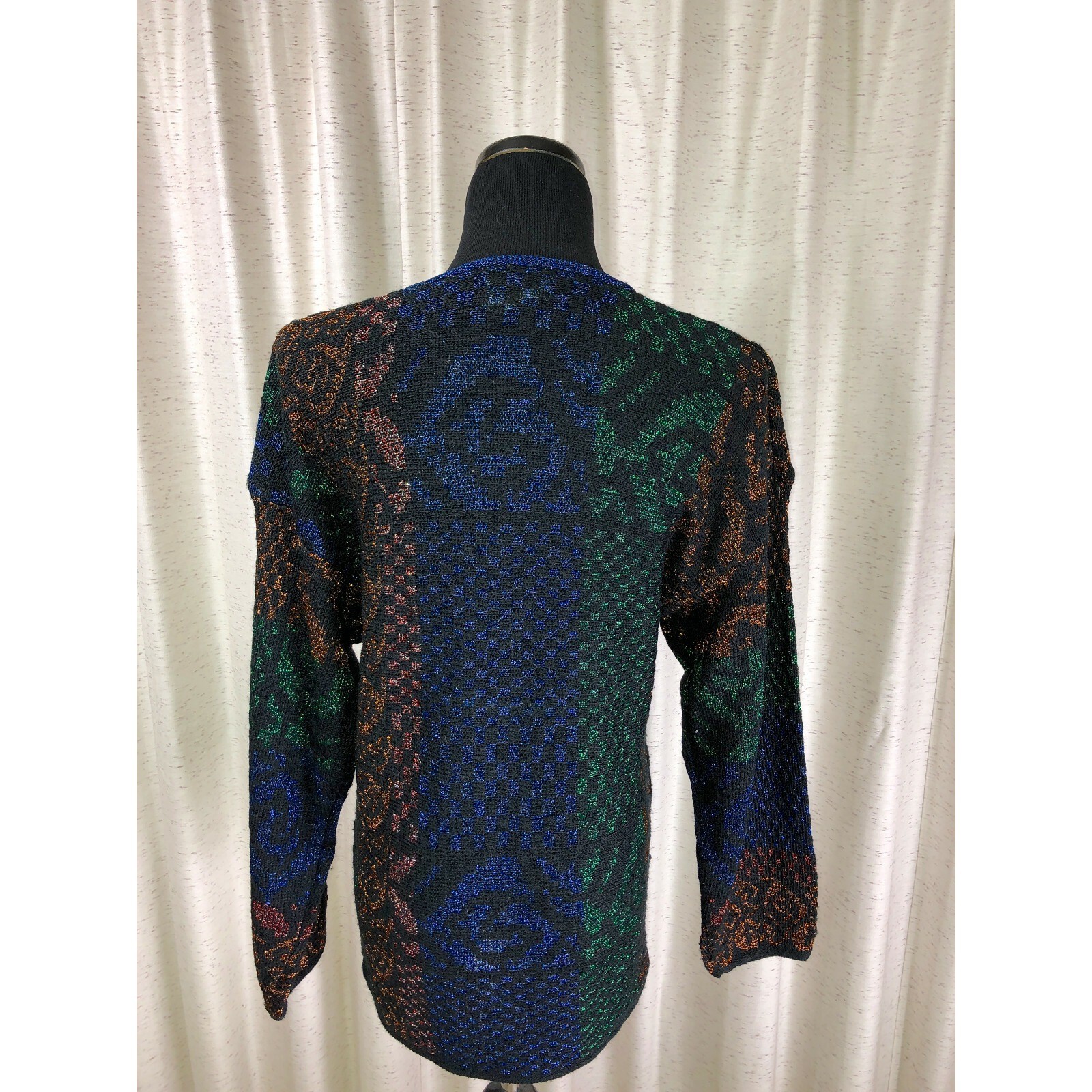Vintage Beaded Sweater Ann Wi Black Multi-color Metallic Acrylic Beads Size M