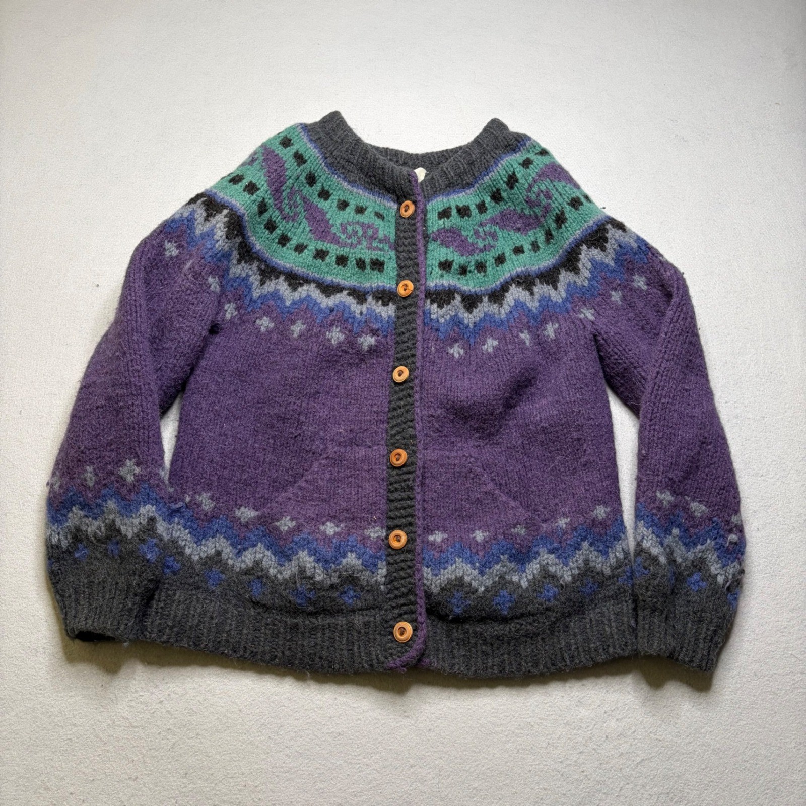 Bolivian Hand Knit Cardigan Women L Purple Teal Fair Isle Wool Vintage Sweater