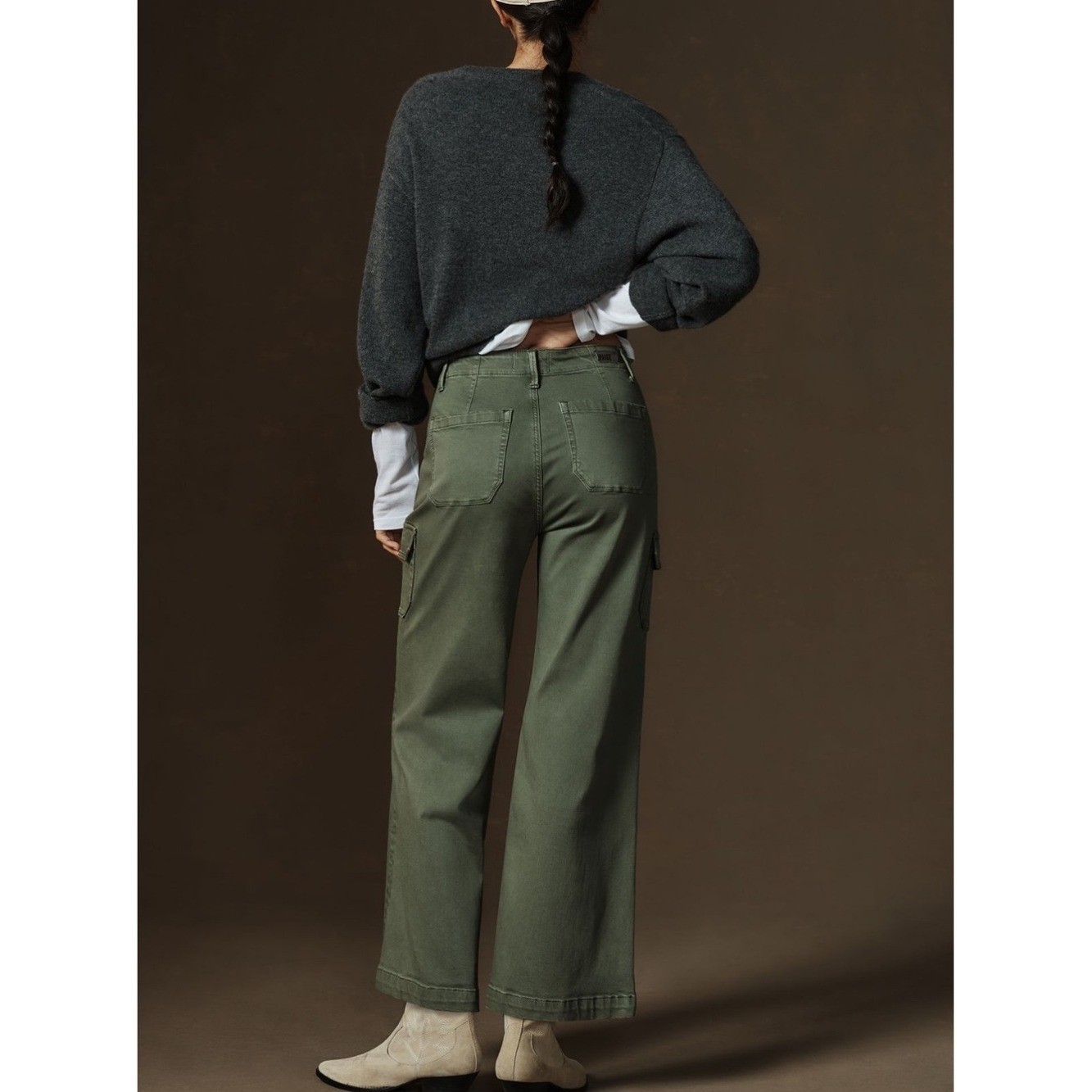 ANTHROPOLOGIE PAIGE Carly Cargo Pants in Vintage Ivy Green Wide Leg Denim
