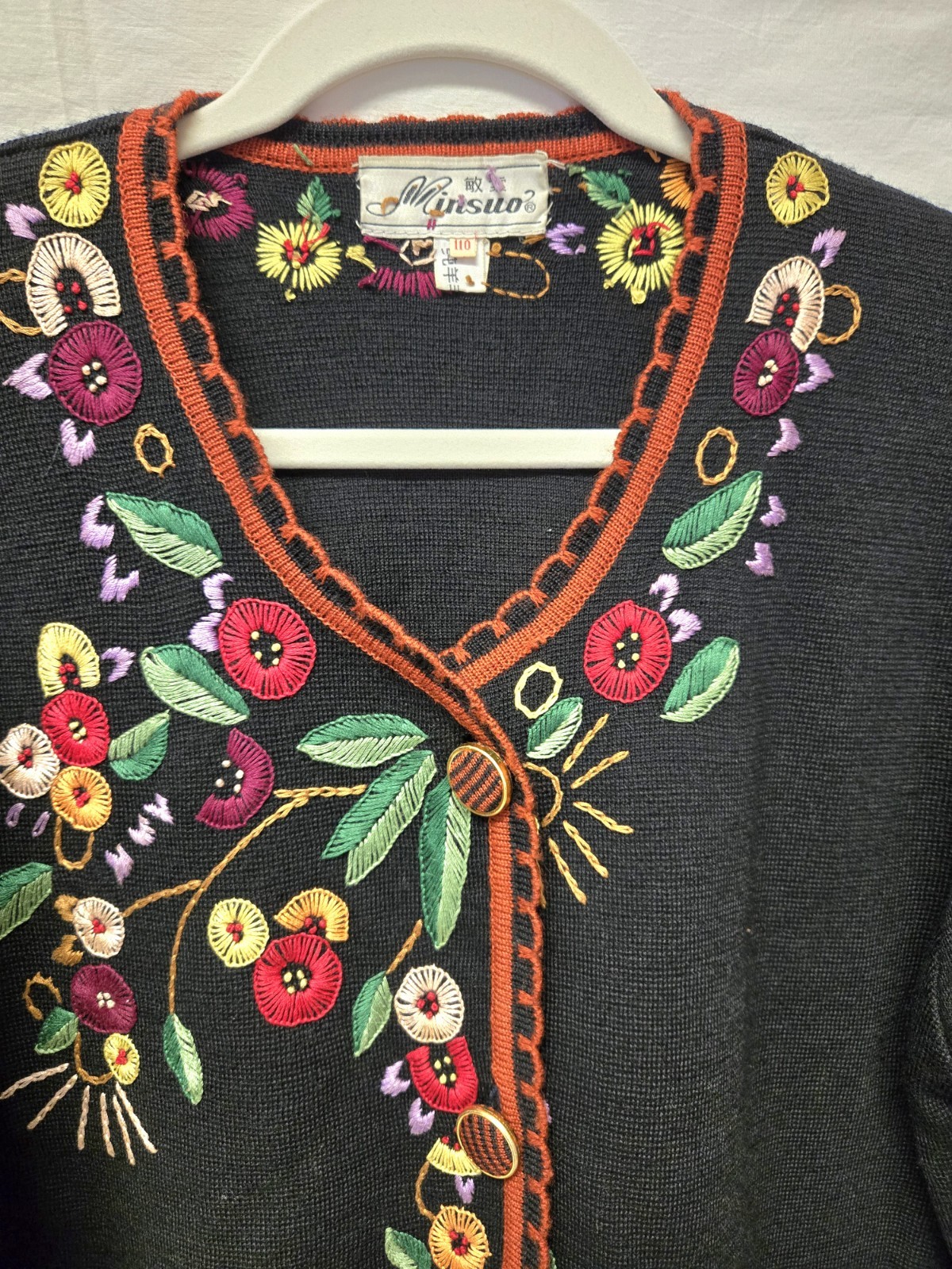 Vintage Floral Hand Embroidered Wool Blend Cardigan Sweater Boho Granny Core L