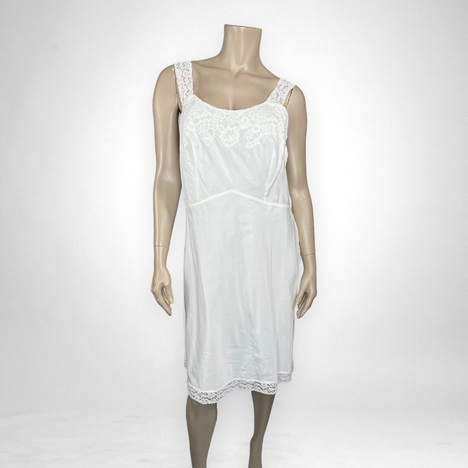 Vintage 60s Slip White Nylon Crepe Bias Cut Lace Trim Lady Lynne L-XL NWT