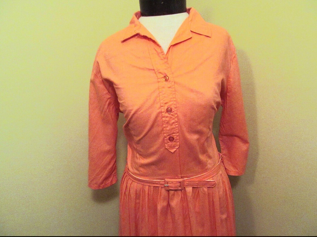 Vintage 1950s Coral Peach Cotton Shirtwaist Dress By Shirtwaist Classic Size M