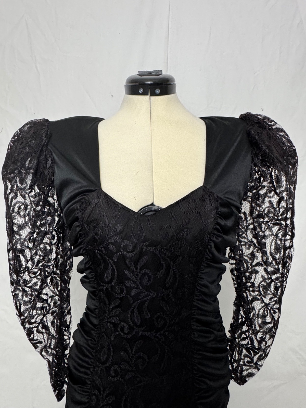 Vintage 1980s Black Wiggle Dress w Lace Sleeves Ruched Side Panels