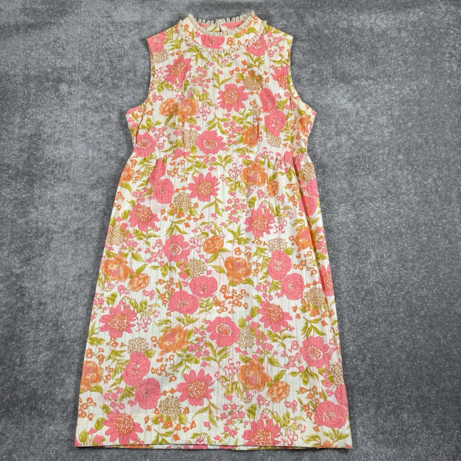 60s 70s Shift Dress Handmade Pink Orange Floral Sleeveless Ruffle Neckline
