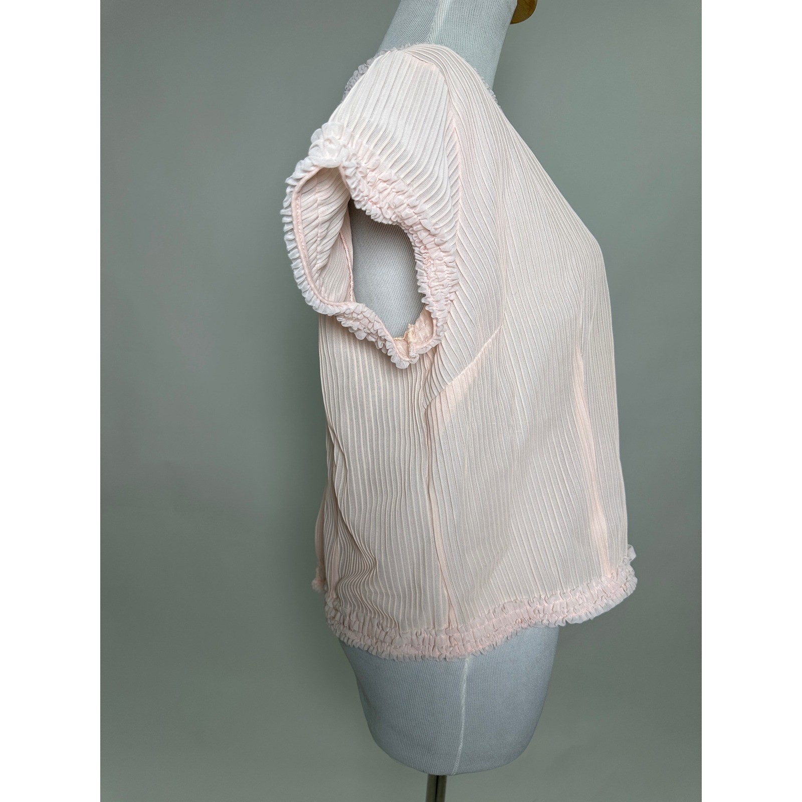 Vintage 1950s Jami Originals Pale Pink Pleated Ruffle Blouse Nylon Top 40 Bust
