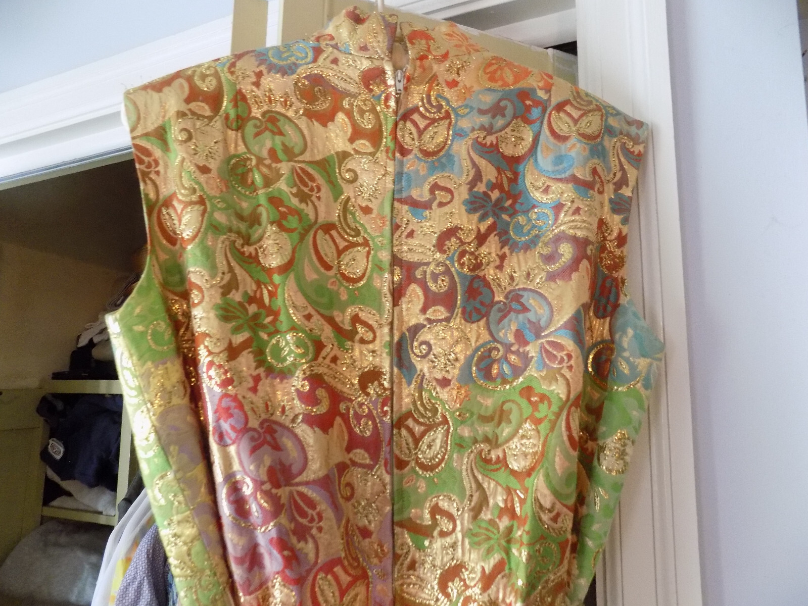 Vtg FAB 60s Joseph Magnin Metallic Tapestry Gold Pink Green Disco Maxi Jumpsuit